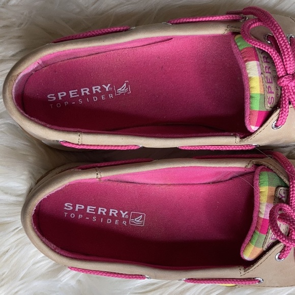 Sperry plad plaid green pink tan cream pink lace up boat shoes flats loafers - Picture 9 of 16